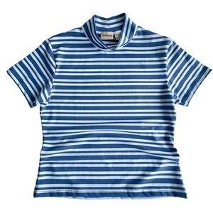 Crossroads Blue White Striped Mock Neck Short Sleeve Top Women Large Stretch